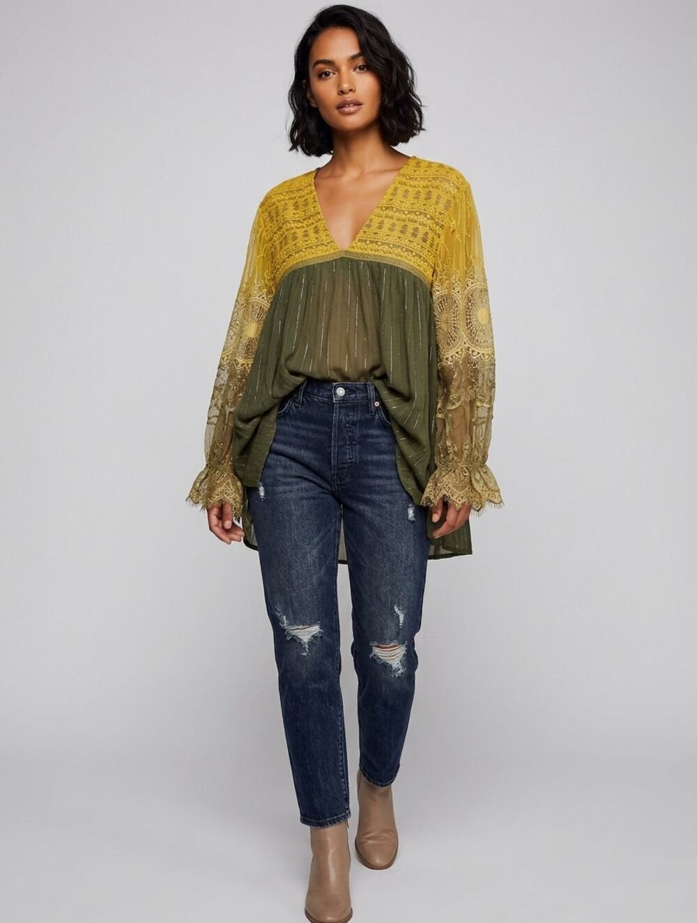 Free People Sheer Lace Olive Green Metallic Gold Boho Relaxed Fit Tunic | S